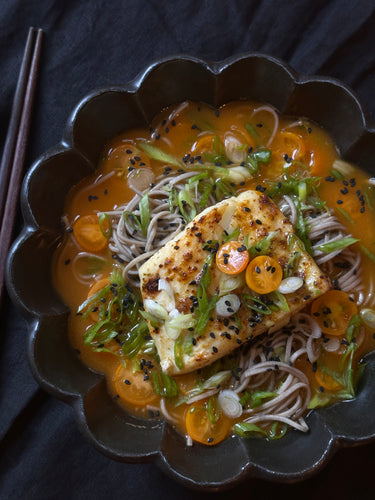 YUZU GOCHUGARU HALIBUT OVER SOBA NOODLE W/ CHILLED SUNGOLD SESAME BROTH